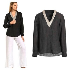 120% LINO Long Sleeve Blouse V-Neck Sequin Embellished Popover Linen Shirt NEW